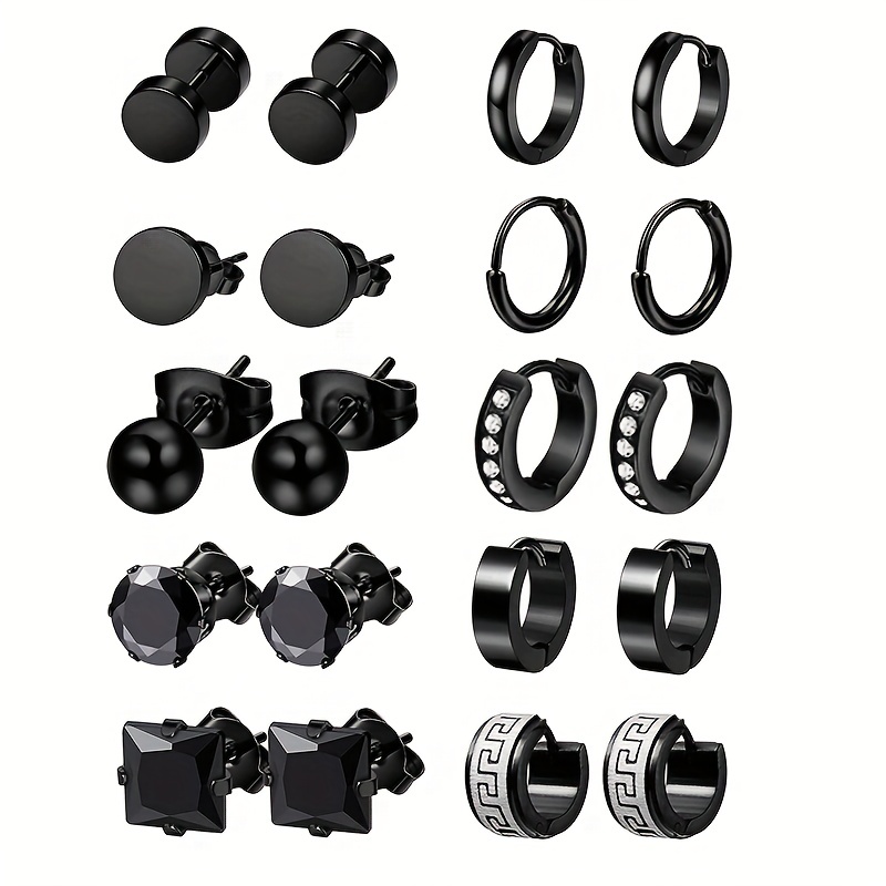 10 Pairs Stainless Steel Stud Earrings For Men Casual Hoop Earrings